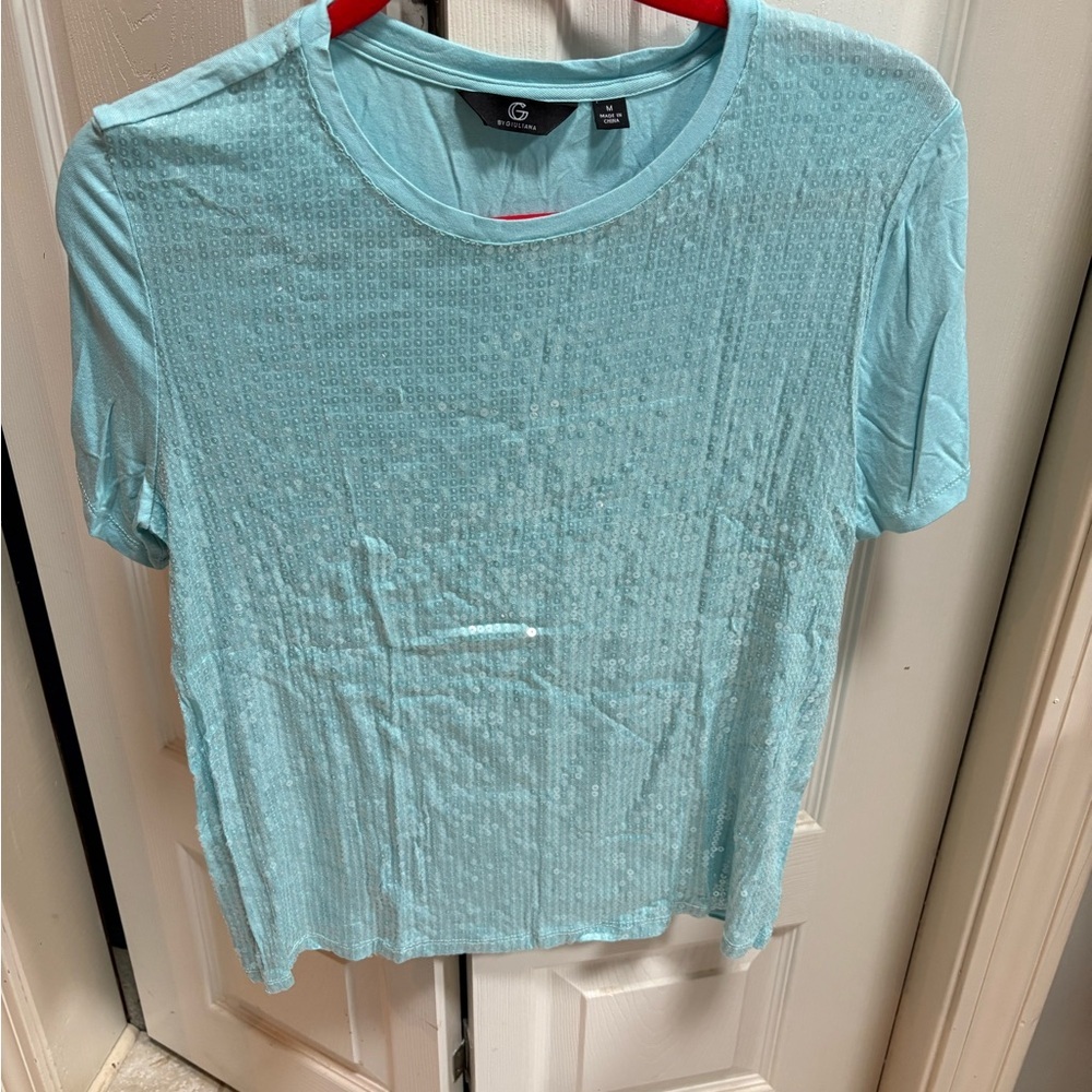 Giuliana Aqua Sequins Short Sleeve Tee